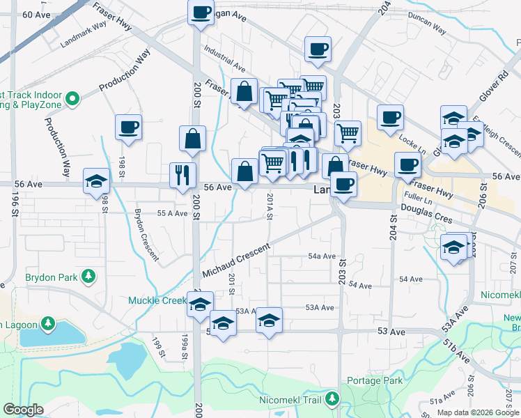 map of restaurants, bars, coffee shops, grocery stores, and more near 20145 55 A Avenue in Langley