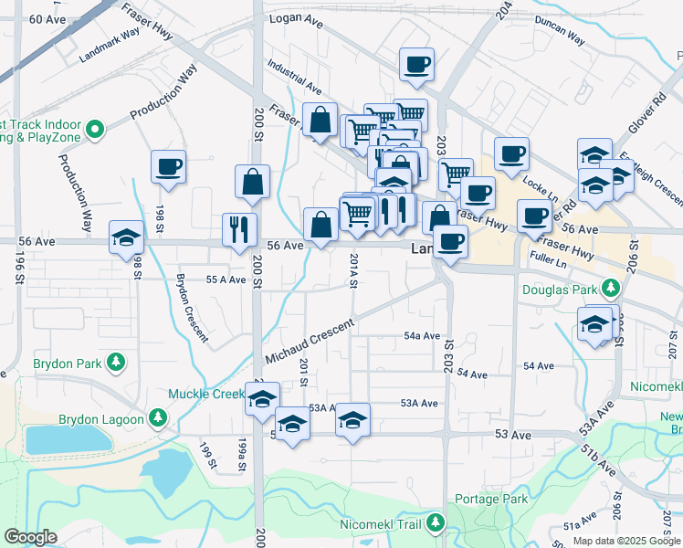 map of restaurants, bars, coffee shops, grocery stores, and more near 20145 55 A Avenue in Langley