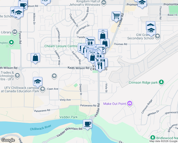 map of restaurants, bars, coffee shops, grocery stores, and more near 45497 Campus Drive in Chilliwack