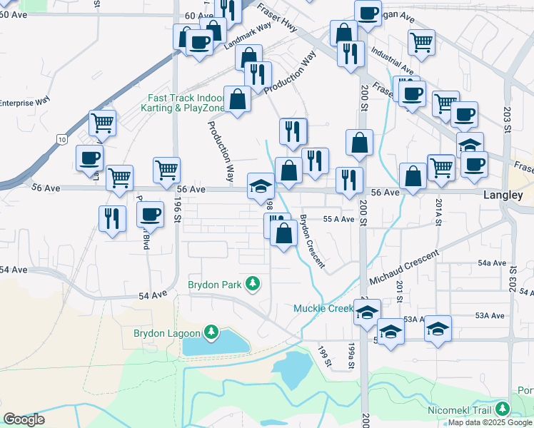 map of restaurants, bars, coffee shops, grocery stores, and more near 19789 55 A Avenue in Langley City