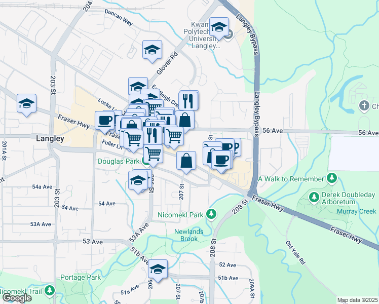 map of restaurants, bars, coffee shops, grocery stores, and more near 20723 Fraser Highway in Langley