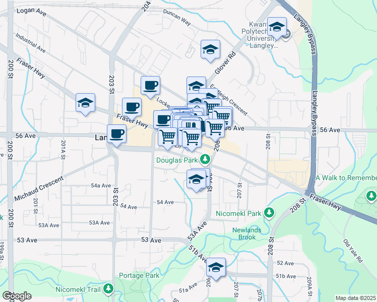 map of restaurants, bars, coffee shops, grocery stores, and more near in Langley