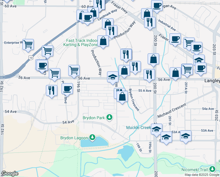 map of restaurants, bars, coffee shops, grocery stores, and more near 19749 55 A Avenue in Langley