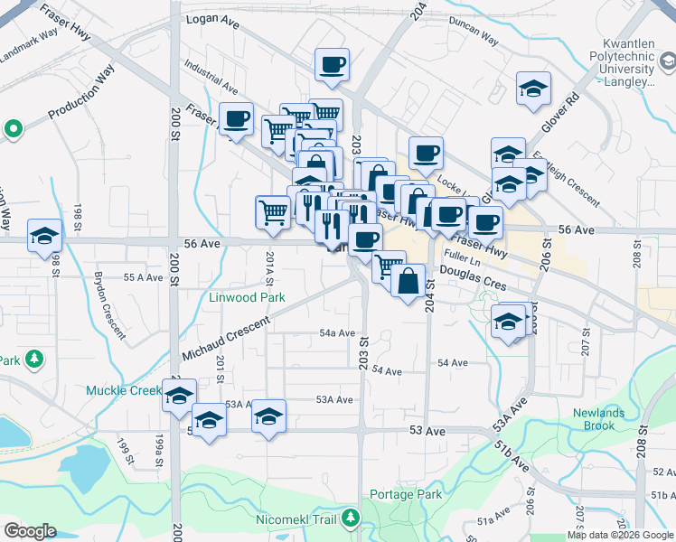 map of restaurants, bars, coffee shops, grocery stores, and more near 20259 Michaud Crescent in Langley
