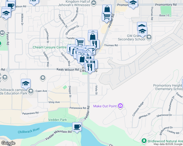 map of restaurants, bars, coffee shops, grocery stores, and more near 5580 Vedder Road in Chilliwack