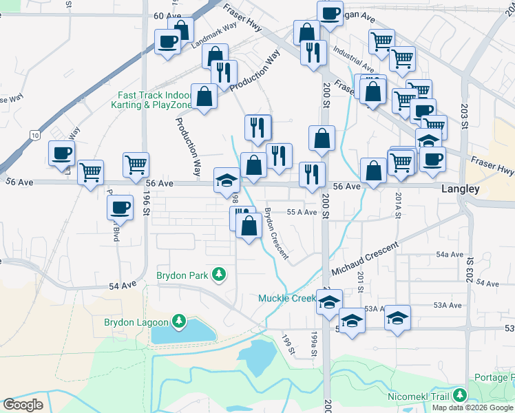 map of restaurants, bars, coffee shops, grocery stores, and more near 19845 55 A Avenue in Langley