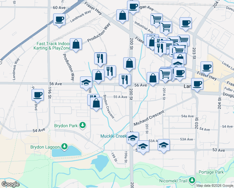 map of restaurants, bars, coffee shops, grocery stores, and more near 19939 55 A Avenue in Langley