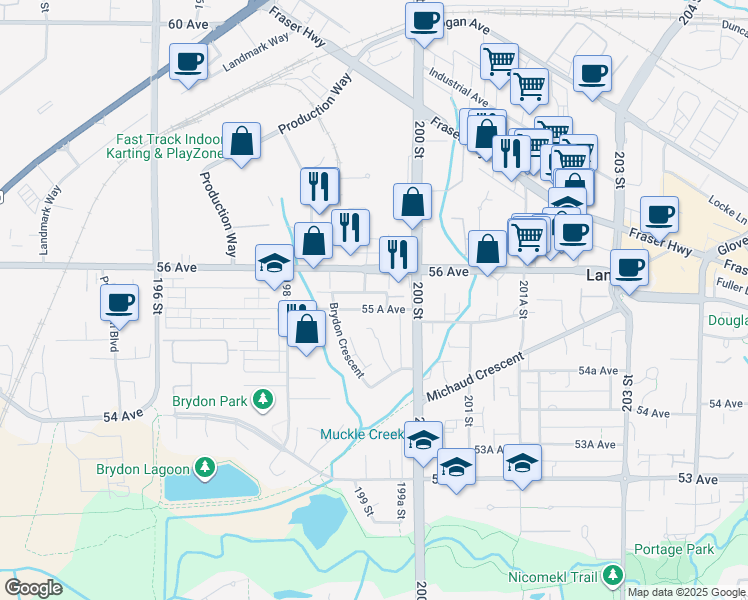 map of restaurants, bars, coffee shops, grocery stores, and more near 19939 55 A Avenue in Langley