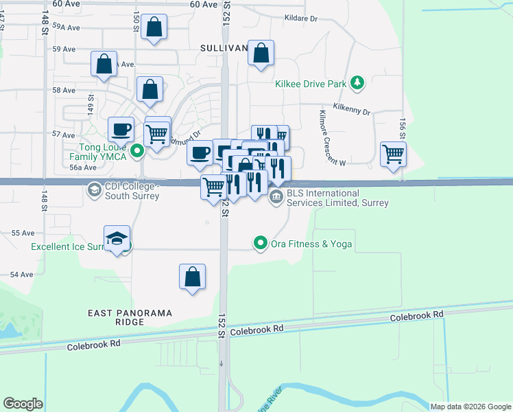 map of restaurants, bars, coffee shops, grocery stores, and more near 15240 56 Avenue in Surrey