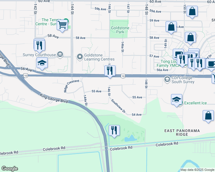 map of restaurants, bars, coffee shops, grocery stores, and more near in Surrey
