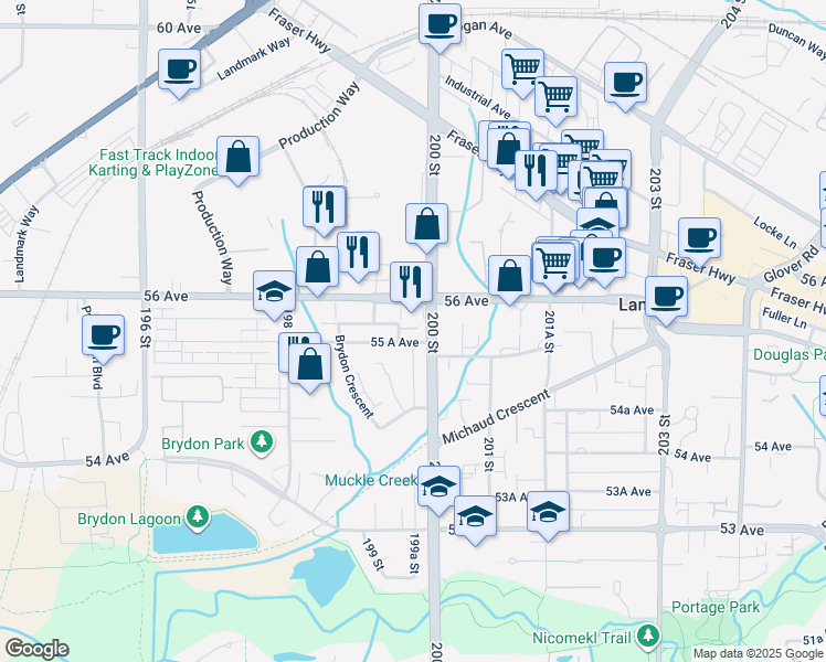 map of restaurants, bars, coffee shops, grocery stores, and more near 19953 55 A Avenue in Langley