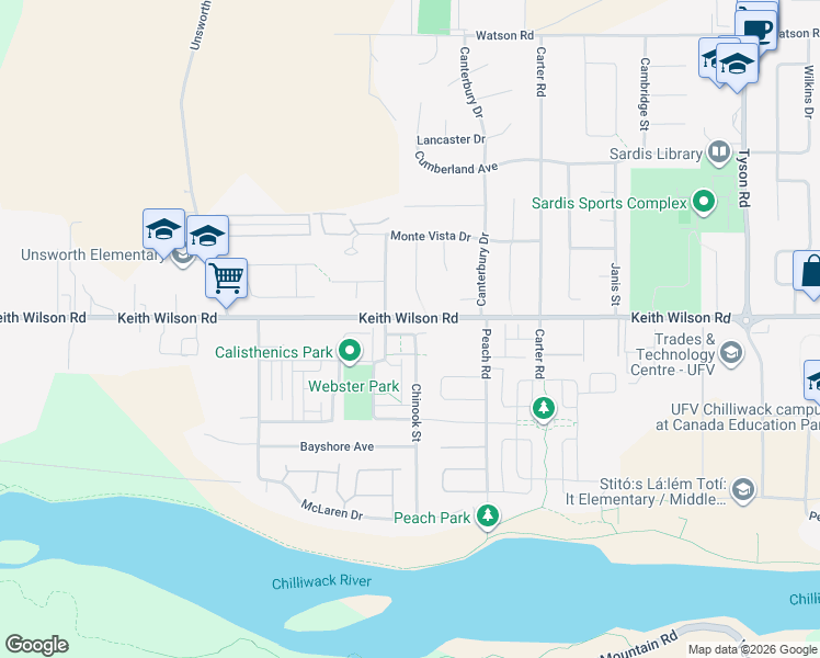 map of restaurants, bars, coffee shops, grocery stores, and more near 5560 Chinook Street in Chilliwack