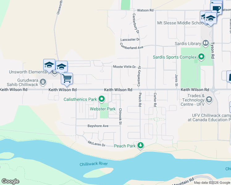 map of restaurants, bars, coffee shops, grocery stores, and more near 5578 Chinook Street in Chilliwack