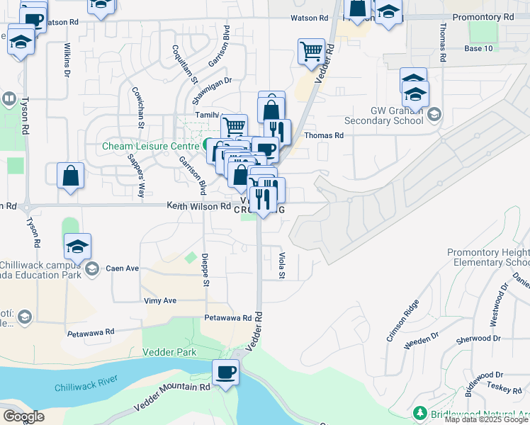 map of restaurants, bars, coffee shops, grocery stores, and more near 5616 Vedder Road in Chilliwack