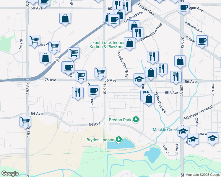 map of restaurants, bars, coffee shops, grocery stores, and more near 19631 55 A Avenue in Langley