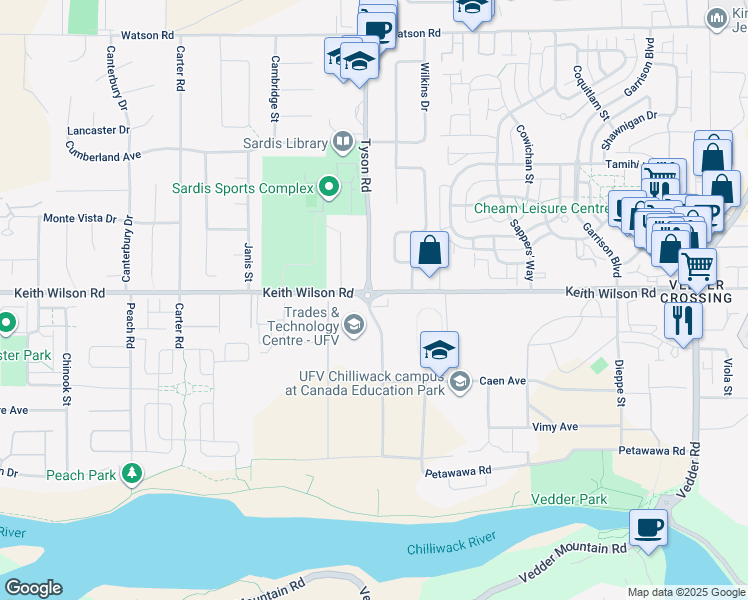 map of restaurants, bars, coffee shops, grocery stores, and more near Tyson Road in Chilliwack