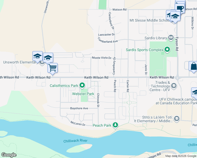 map of restaurants, bars, coffee shops, grocery stores, and more near 5542 Chinook Street in Chilliwack