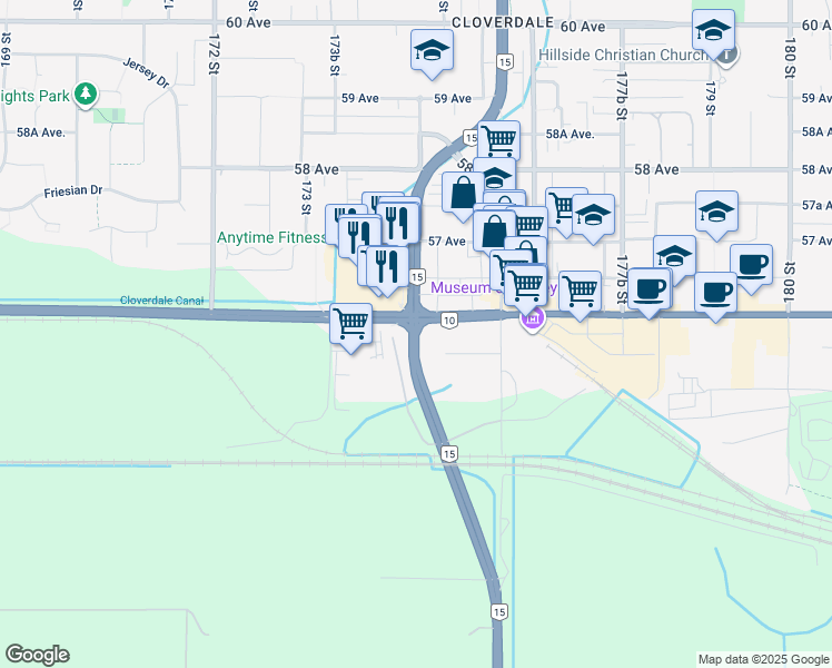 map of restaurants, bars, coffee shops, grocery stores, and more near Cloverdale Bypass in Surrey