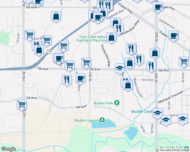 map of restaurants, bars, coffee shops, grocery stores, and more near 19631 55 A Avenue in Langley