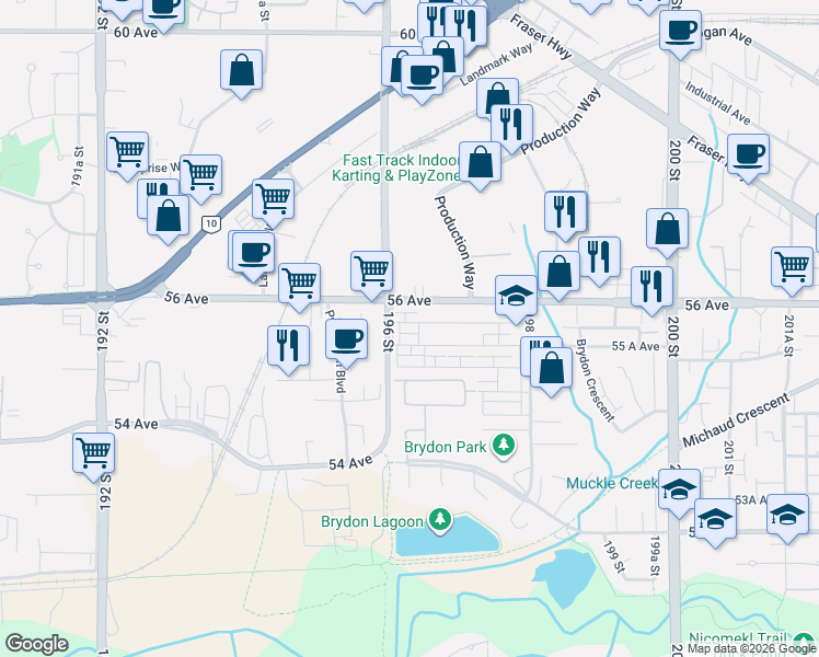 map of restaurants, bars, coffee shops, grocery stores, and more near 19628 55 A Avenue in Langley