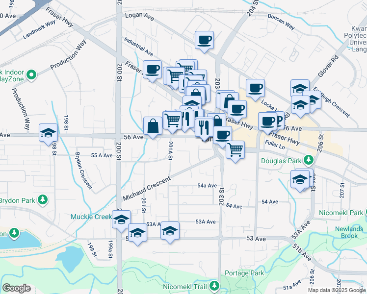 map of restaurants, bars, coffee shops, grocery stores, and more near in Langley