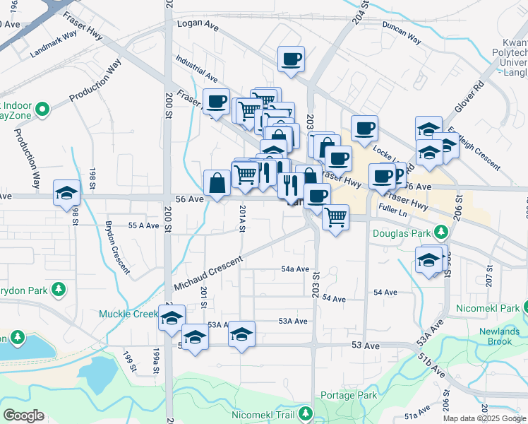 map of restaurants, bars, coffee shops, grocery stores, and more near 20200 56 Avenue in Langley
