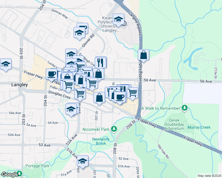 map of restaurants, bars, coffee shops, grocery stores, and more near 20769 Fraser Highway in Langley