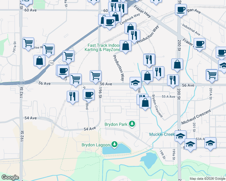 map of restaurants, bars, coffee shops, grocery stores, and more near 19667 55 A Avenue in Langley
