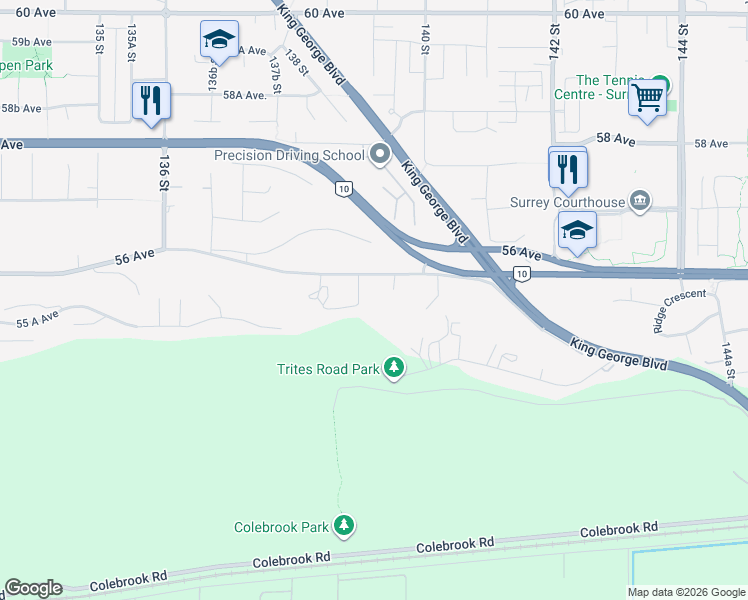 map of restaurants, bars, coffee shops, grocery stores, and more near 13918 56 Avenue in Surrey