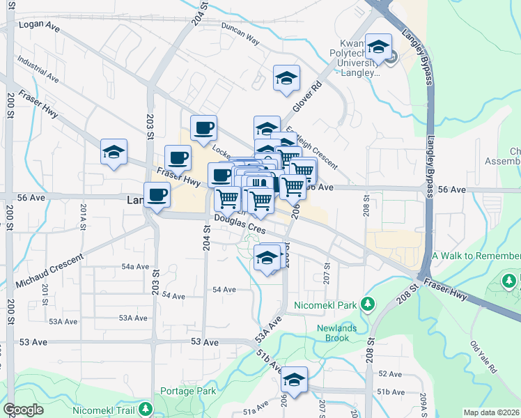 map of restaurants, bars, coffee shops, grocery stores, and more near in Langley