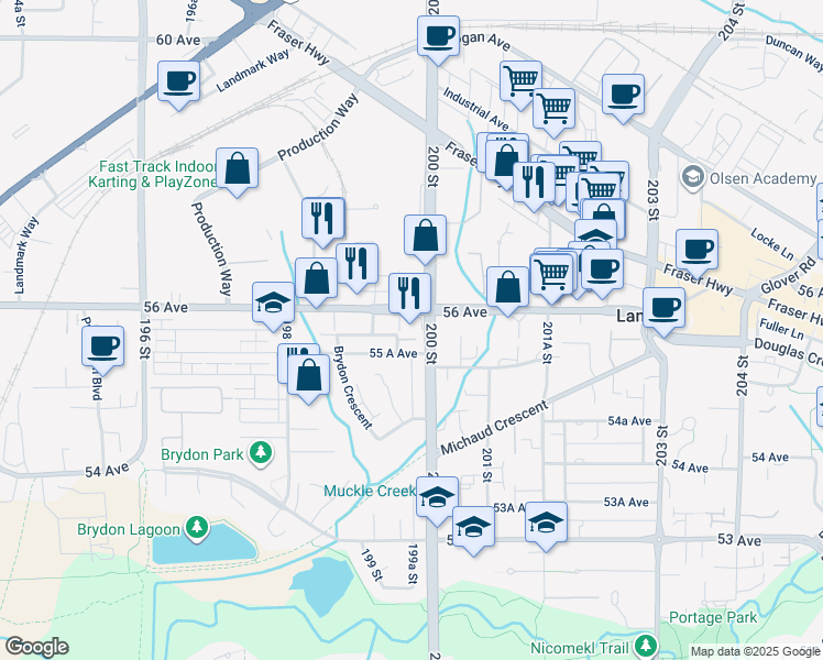 map of restaurants, bars, coffee shops, grocery stores, and more near 19982 56 Avenue in Langley
