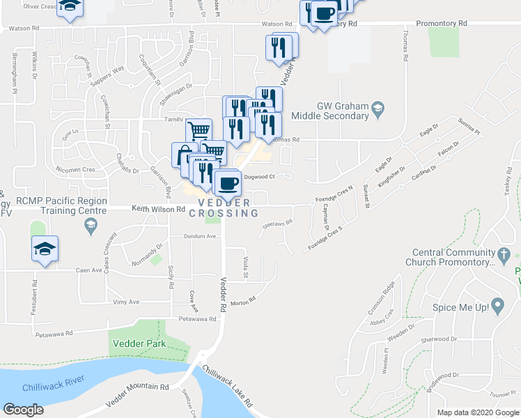 map of restaurants, bars, coffee shops, grocery stores, and more near 45660 Keith Wilson Road in Chilliwack