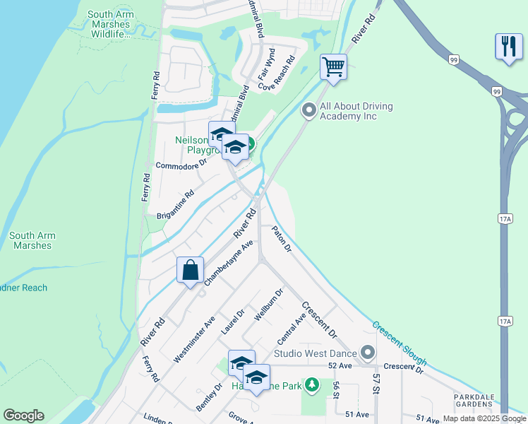 map of restaurants, bars, coffee shops, grocery stores, and more near 5502 Westminster Avenue in Delta