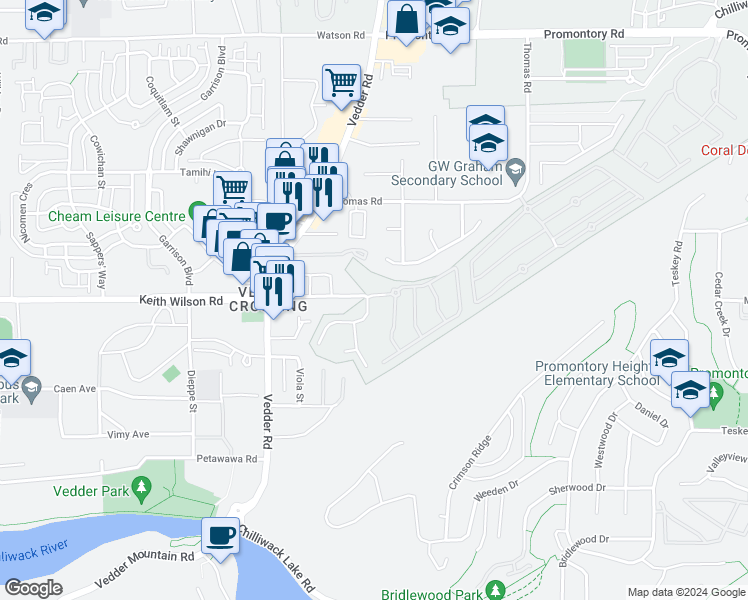 map of restaurants, bars, coffee shops, grocery stores, and more near 45750 Keith Wilson Road in Chilliwack
