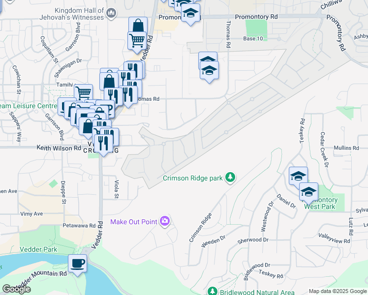 map of restaurants, bars, coffee shops, grocery stores, and more near Crawley Drive in Chilliwack