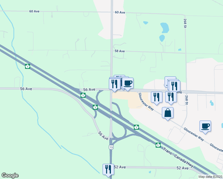 map of restaurants, bars, coffee shops, grocery stores, and more near Aldergrove-Bellingham Highway & County Line Road in Langley