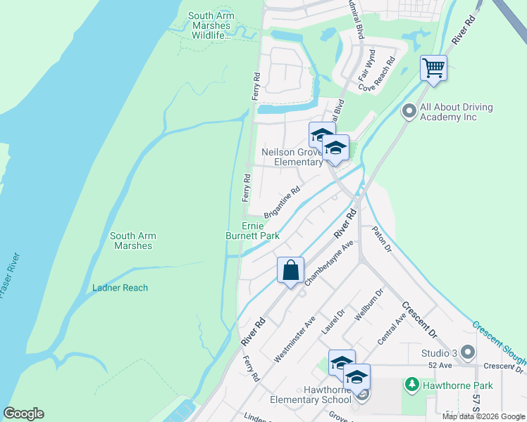 map of restaurants, bars, coffee shops, grocery stores, and more near 5253 Brigantine Road in Delta