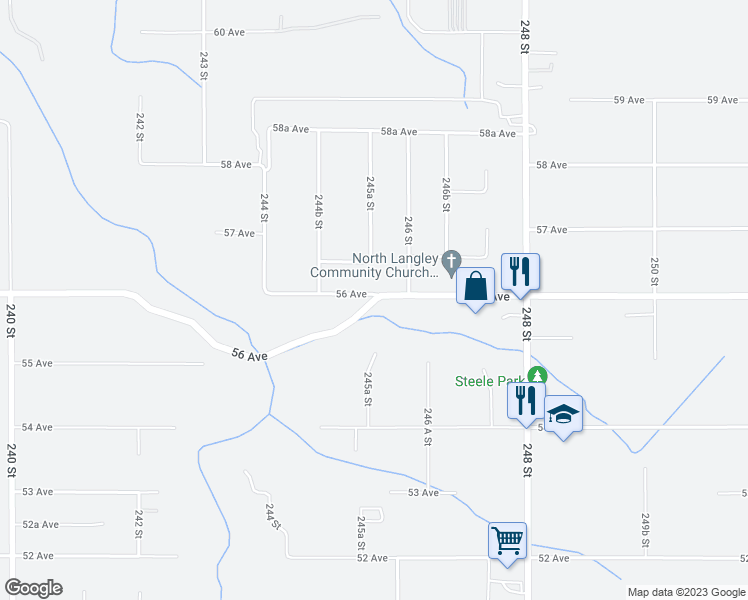 map of restaurants, bars, coffee shops, grocery stores, and more near 24411 56 Avenue in Langley