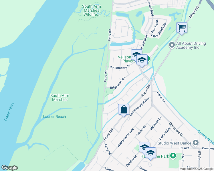 map of restaurants, bars, coffee shops, grocery stores, and more near 5233 Brigantine Road in Delta