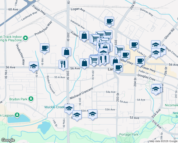 map of restaurants, bars, coffee shops, grocery stores, and more near 20140 56 Avenue in Langley