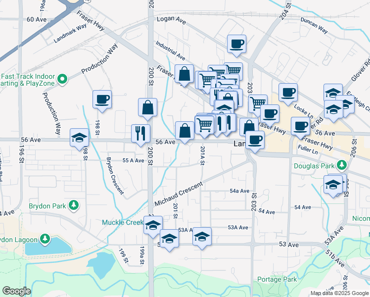 map of restaurants, bars, coffee shops, grocery stores, and more near 20120 56 Avenue in Langley