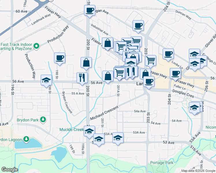 map of restaurants, bars, coffee shops, grocery stores, and more near 20120 56 Avenue in Langley