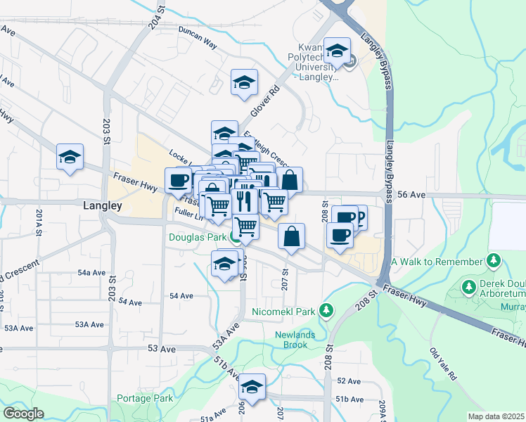 map of restaurants, bars, coffee shops, grocery stores, and more near 5560 206 Street in Langley