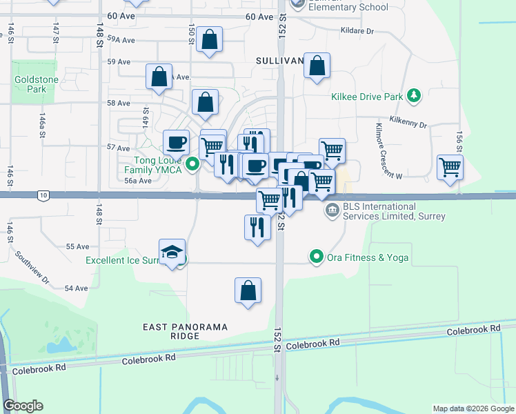 map of restaurants, bars, coffee shops, grocery stores, and more near 15161 56 Avenue in Surrey
