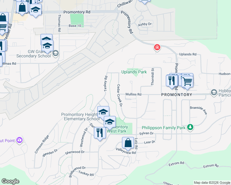 map of restaurants, bars, coffee shops, grocery stores, and more near 5591 Cedar Creek Drive in Chilliwack