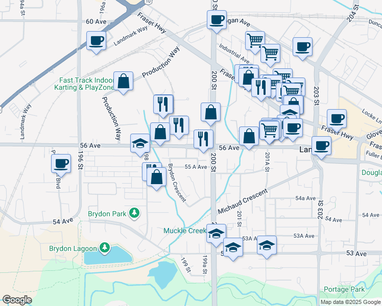 map of restaurants, bars, coffee shops, grocery stores, and more near 19936 56 Avenue in Langley