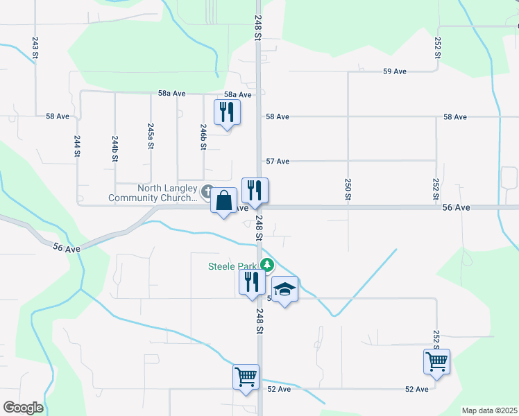 map of restaurants, bars, coffee shops, grocery stores, and more near 56 Avenue & 248 Street in Langley