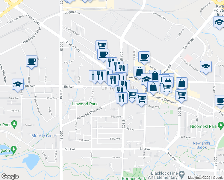 map of restaurants, bars, coffee shops, grocery stores, and more near in Langley