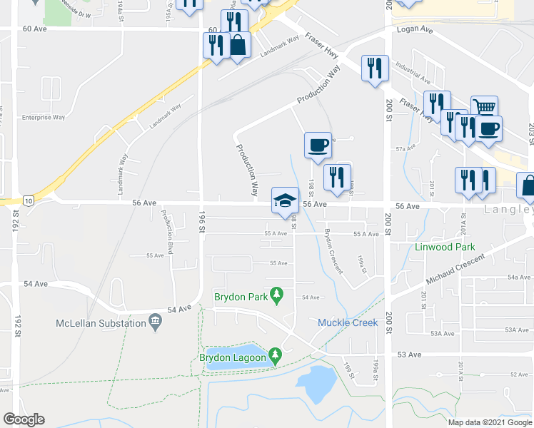 map of restaurants, bars, coffee shops, grocery stores, and more near 19730 56 Avenue in Langley