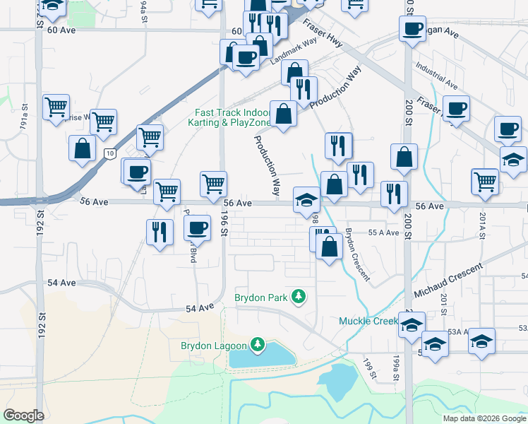 map of restaurants, bars, coffee shops, grocery stores, and more near 19690 56 Avenue in Langley